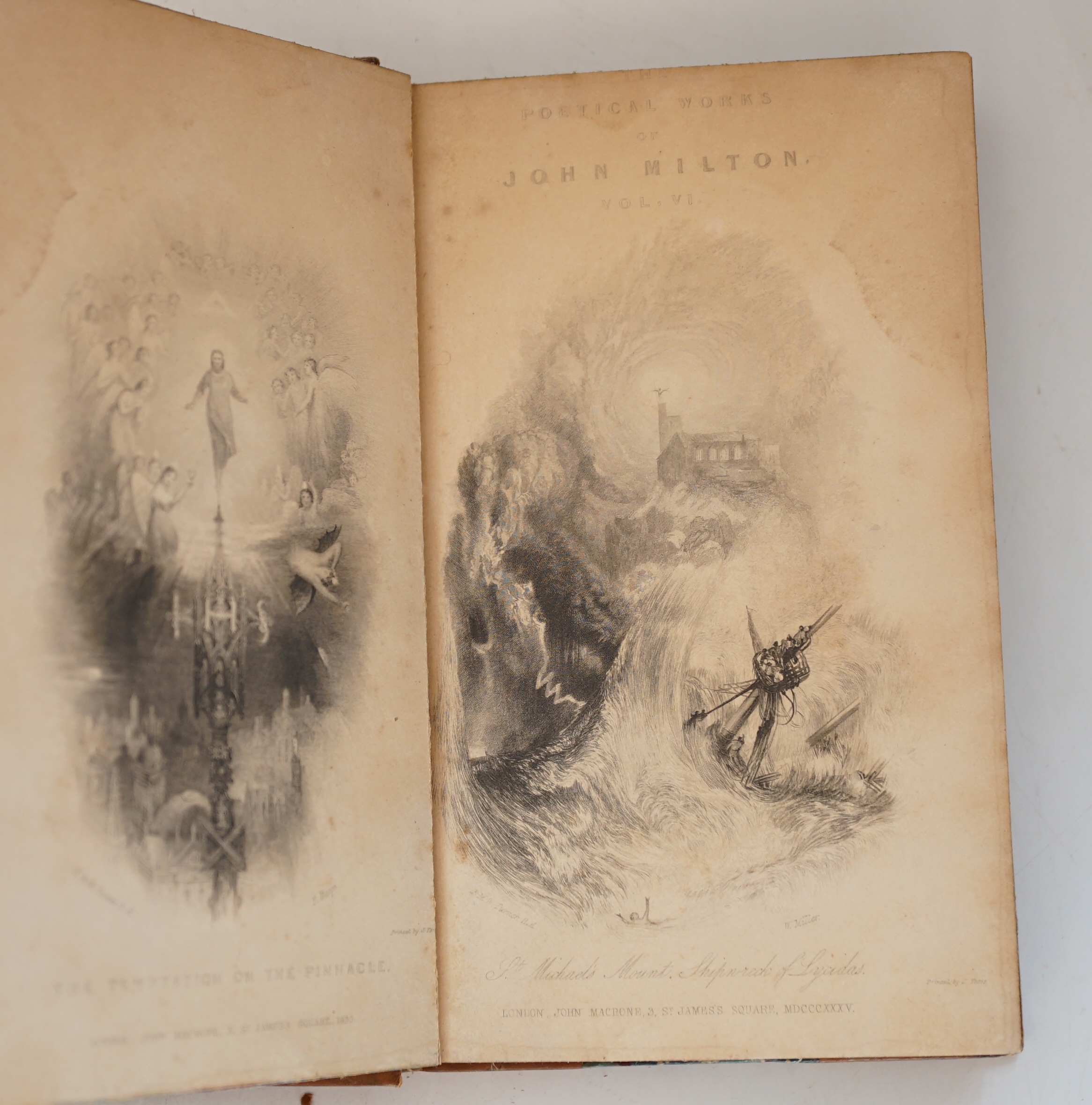 Milton, John - The Poetical Works, 6 vols, edited by Sir Egerton Brydges, 8vo, original half calf gilt, with marbled boards, engraved frontispiece and title to each volume, John Macrone, London, 1835